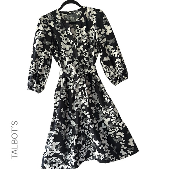 TALBOTS | NWOT DOTTED BUTTERFLIES POPLIN SHIRTDRESS 3/4 SLEEVES COTTON 6 Petite - Picture 1 of 12